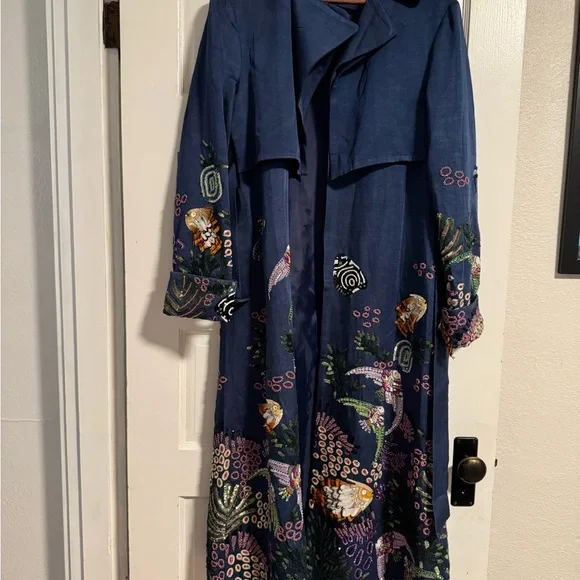 La Fuori Embroidered and Beaded Blue Long Coat - Picture 1 of 7